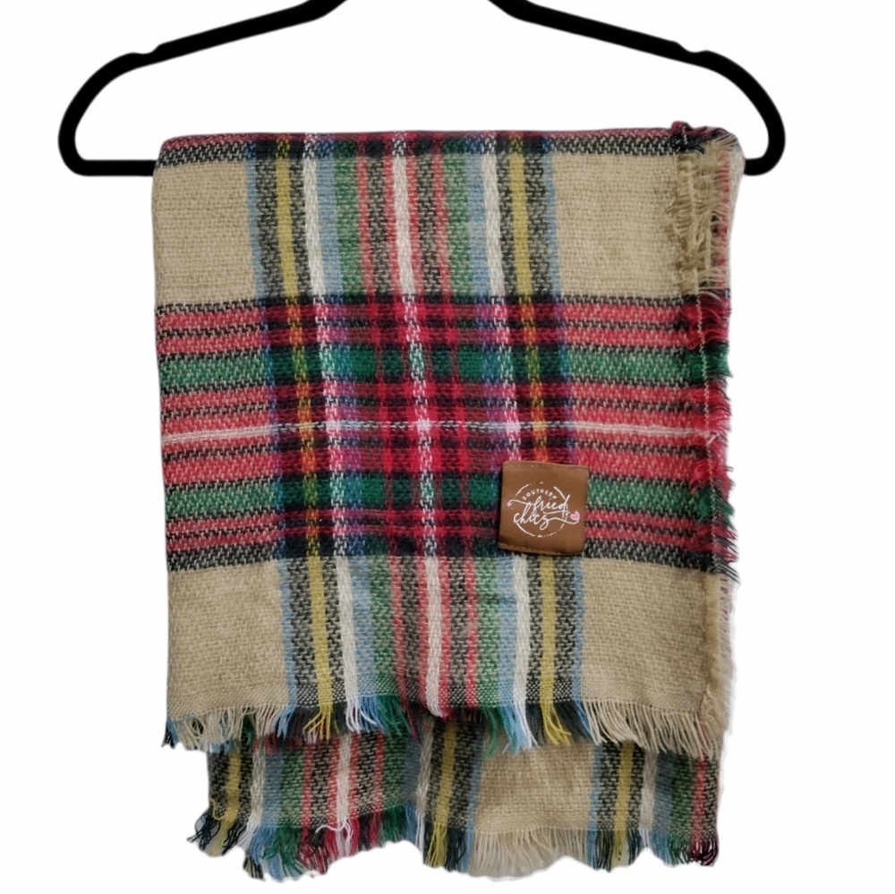 Southern Fried Chics tan red plaid blanket/scarf/shawl